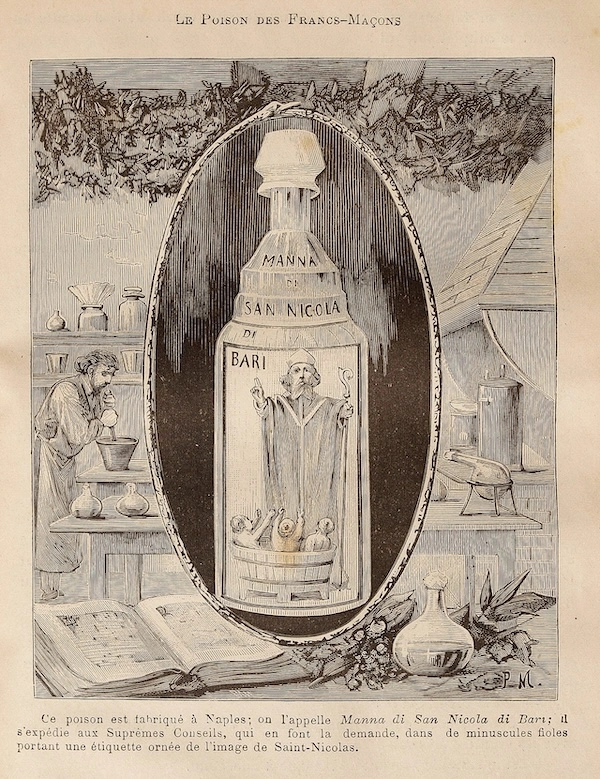 Portrait of a bottle of Tofana water bearing the image of Saint Nicholas of Bari (work by Pierre Méjanel )