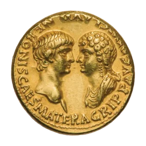 Ancient Roman gold coin showing Emperor Nero and his mother Agrippina the Younger face to face